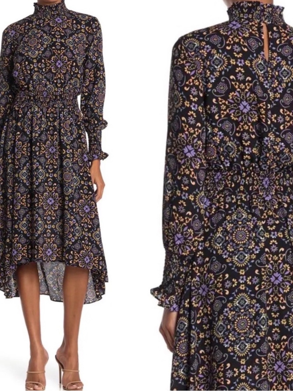 Nanette Lepore Womens Smocked Mock Neck High Low Floral Midi Dress Black